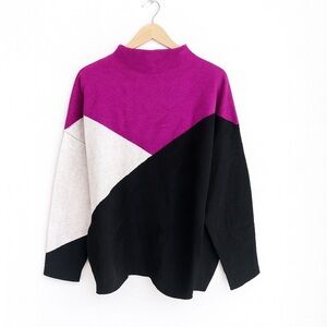 Tahari Womens Plus Size 1X Colorblock Angled Mock Neck Sweater Purple Black